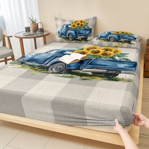 King Size Fitted Sheet Set - Blue Truck Yellow Sunflower 3 Piece Bedding Sets 16" Deep Pocket Fitted Sheet with 2 Pillowcases, Summer Grey Plaid Vintage Brushed Microfiber Hotel Luxury Bed Sheets