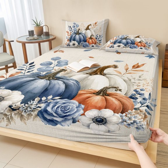King Size Fitted Sheet Set - Blue White Pumpkins Fall 3 Piece Bedding Sets 16" Deep Pocket Fitted Sheet with 2 Pillowcases, Thanksgiving Eucalyptus Rustic Brushed Microfiber Hotel Luxury Bed Sheets