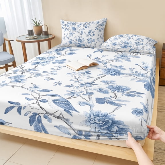 King Size Fitted Sheet Set - Blue White Spring Floral 3 Piece Bedding Sets 16" Deep Pocket Fitted Sheet with 2 Pillowcases, Summer Botanical Birds Brushed Microfiber Hotel Luxury Bed Sheets