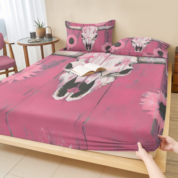 King Size Fitted Sheet Set - Blush Pink Skull Head 3 Piece Bedding Sets 16" Deep Pocket Fitted Sheet with 2 Pillowcases, Sunflowers Boho Distressed Wood Grain Brushed Microfiber Hotel Bed Sheets
