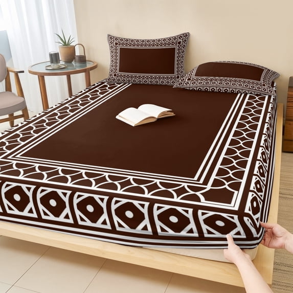 King Size Fitted Sheet Set - Bohemian Floral Tile 3 Piece Bedding Sets 16" Deep Pocket Fitted Sheet with 2 Pillowcases, Brown Boho Sounthwest Middle Century Brushed Microfiber Hotel Luxury Bed Sheets