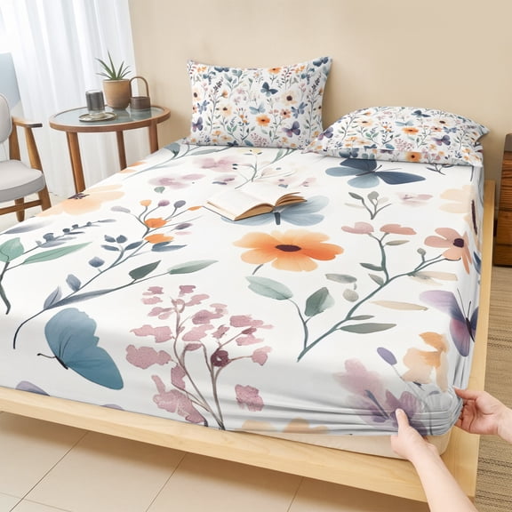 King Size Fitted Sheet Set - Botanical Flower 3 Piece Bedding Sets 16" Deep Pocket Fitted Sheet with 2 Pillowcases, Country Farm Butterfly Spring Plant Brushed Microfiber Hotel Luxury Bed Sheets