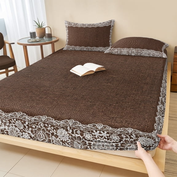 King Size Fitted Sheet Set - Brown Shabby Chic 3 Piece Bedding Sets 16" Deep Pocket Fitted Sheet with 2 Pillowcases, Lace Border Romantic Aesthetic Brushed Microfiber Hotel Luxury Bed Sheets