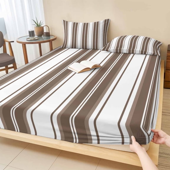 King Size Fitted Sheet Set - Brown Striped 3 Piece Bedding Sets 16" Deep Pocket Fitted Sheet with 2 Pillowcases, Modern Thin Line Vertical Stripes Brushed Microfiber Hotel Luxury Bed Sheets