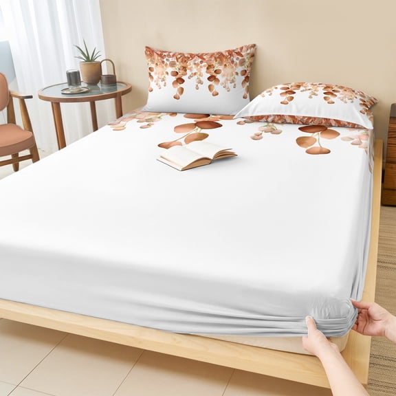 King Size Fitted Sheet Set - Burnt Orange Botanical 3 Piece Bedding Sets 16" Deep Pocket Fitted Sheet with 2 Pillowcases, Eucalyptus Leaves Pastoral Floral Brushed Microfiber Hotel Luxury Bed Sheets