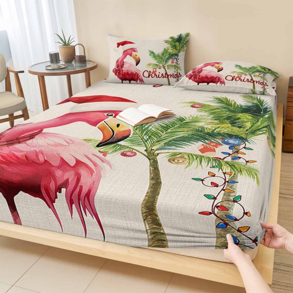 King Size Fitted Sheet Set - Christmas Flamingos 3 Piece Bedding Sets 16" Deep Pocket Fitted Sheet with 2 Pillowcases, Xmas Balls Tree Rustic Brushed Microfiber Hotel Luxury Bed Sheets