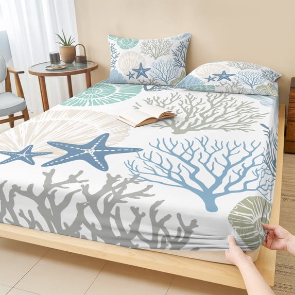 King Size Fitted Sheet Set - Coastal 3 Piece Bedding Sets 16" Deep Pocket Fitted Sheet with 2 Pillowcases, Summer Beach Nautical Coral Starfish Brushed Microfiber Hotel Luxury Bed Sheets