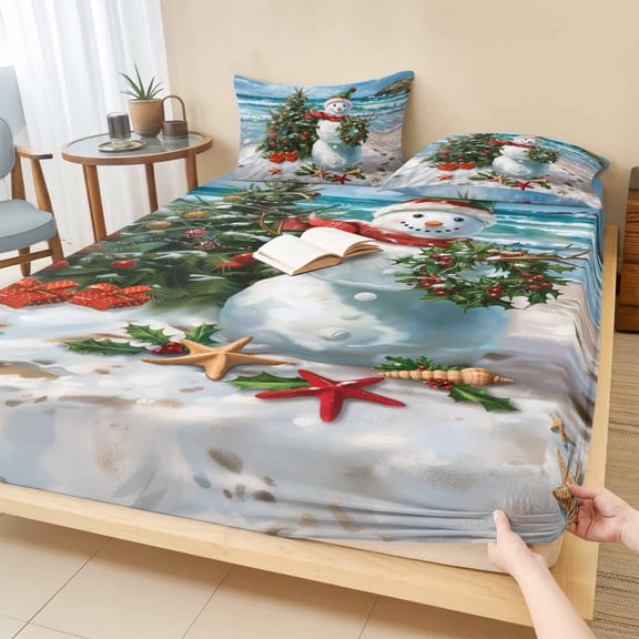 King Size Fitted Sheet Set - Coastal Christmas Snowman 3 Piece Bedding Sets 16" Deep Pocket Fitted Sheet with 2 Pillowcases, Starfish Xmas Tree Beach Brushed Microfiber Hotel Luxury Bed Sheets