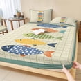 thumbnail image 1 of King Size Fitted Sheet Set - Coastal Nautical 3 Piece Bedding Sets 16" Deep Pocket Fitted Sheet with 2 Pillowcases, Summer Cute Cartoon Fishes Plaid Green Brushed Microfiber Hotel Luxury Bed Sheets, 1 of 9