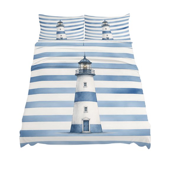 King Size Fitted Sheet Set,Coastal Nautical Lighthouse Deep Pocket Bed Sheet Fits Mattress Up to 16",Soft Bottom Sheets with Pillowcases and Flat Sheet,Summer Ocean Blue Line for Bedroom Decor