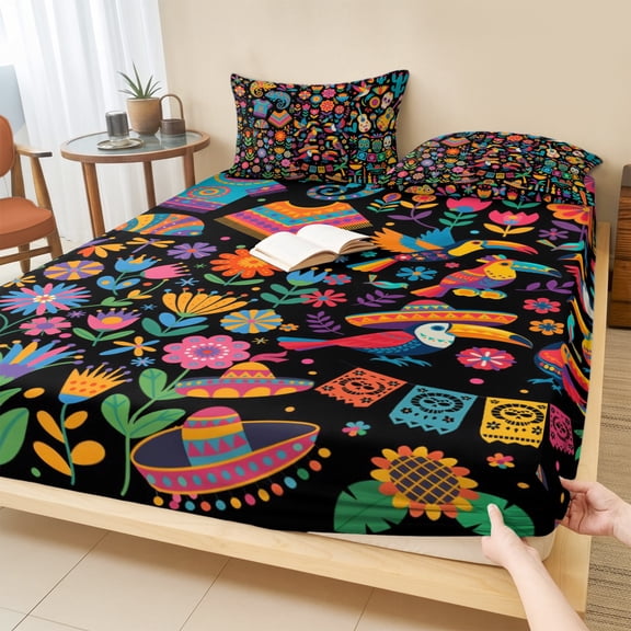 King Size Fitted Sheet Set - Colorful Cartoon 3 Piece Bedding Sets 16" Deep Pocket Fitted Sheet with 2 Pillowcases, Funny Flowers Guitar Animals Ethnic Art Brushed Microfiber Hotel Luxury Bed Sheets
