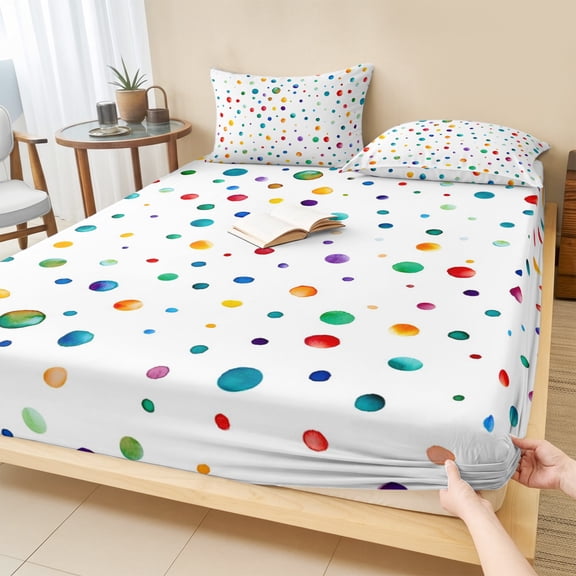 King Size Fitted Sheet Set - Colorful Polka Dot 3 Piece Bedding Sets 16" Deep Pocket Fitted Sheet with 2 Pillowcases, Rainbow Point Vibrant Brushed Microfiber Hotel Luxury Bed Sheets