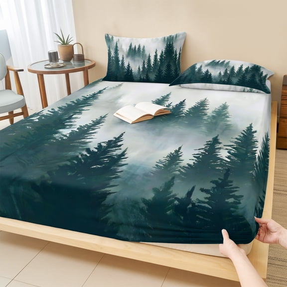King Size Fitted Sheet Set - Dark Green Pine Forest 3 Piece Bedding Sets 16" Deep Pocket Fitted Sheet with 2 Pillowcases, Misty Tree Clouds Nature Brushed Microfiber Hotel Luxury Bed Sheets