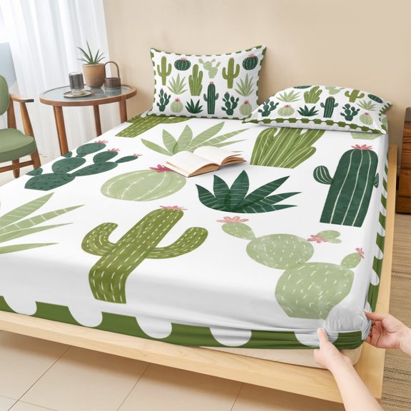 King Size Fitted Sheet Set - Desert Cactus 3 Piece Bedding Sets 16" Deep Pocket Fitted Sheet with 2 Pillowcases, Pink Flower Green Botanical Brushed Microfiber Hotel Luxury Bed Sheets