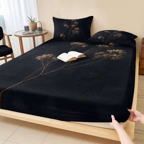 King Size Fitted Sheet Set - Dried Flowers 3 Piece Bedding Sets 16" Deep Pocket Fitted Sheet with 2 Pillowcases, Abstract Black Vintage Rustic Floral Brushed Microfiber Hotel Luxury Bed Sheets