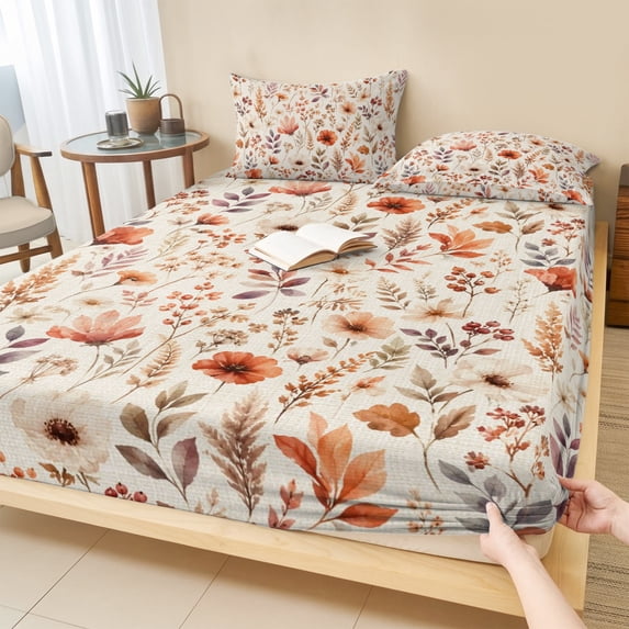 King Size Fitted Sheet Set - Fall Flowers 3 Piece Bedding Sets 16" Deep Pocket Fitted Sheet with 2 Pillowcases, Farmhouse Retro Budding Nature Floral Branch Brushed Microfiber Hotel Luxury Bed Sheets