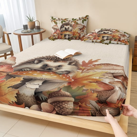 King Size Fitted Sheet Set - Fall Mushroom Hedgehog 3 Piece Bedding Sets 16" Deep Pocket Fitted Sheet with 2 Pillowcases, Thanksgiving Rustic Brushed Microfiber Hotel Luxury Bed Sheets
