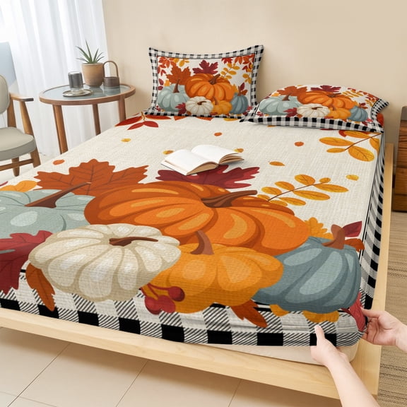 King Size Fitted Sheet Set - Fall Pumpkins 3 Piece Bedding Sets 16" Deep Pocket Fitted Sheet with 2 Pillowcases, Thanksgiving Black Plaid Maple Leaf Brushed Microfiber Hotel Luxury Bed Sheets