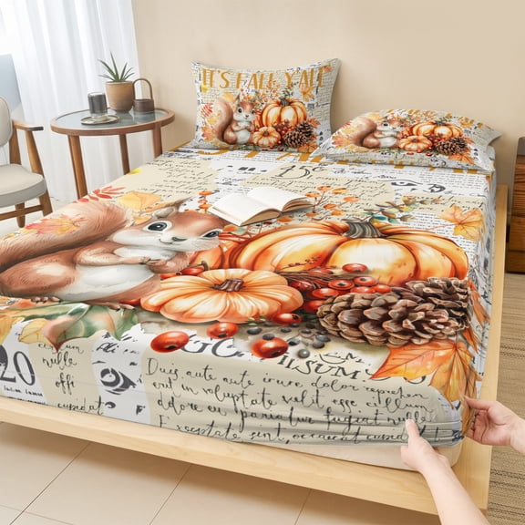 King Size Fitted Sheet Set - Fall Squirrel Pumpkins 3 Piece Bedding Sets 16" Deep Pocket Fitted Sheet with 2 Pillowcases, Vintage Maple Leaf Thanksgiving Brushed Microfiber Hotel Luxury Bed Sheets