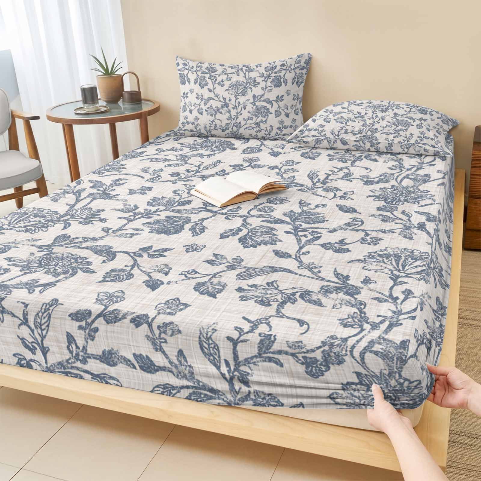 King Size Fitted Sheet Set - Farmhouse Blue Floral 3 Piece Bedding Sets 16" Deep Pocket Fitted Sheet with 2 Pillowcases, Vintage Botanical Leaves Burlap Brushed Microfiber Hotel Luxury Bed Sheets