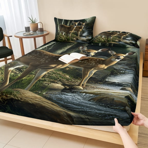 King Size Fitted Sheet Set - Forest Deer 3 Piece Bedding Sets 16" Deep Pocket Fitted Sheet with 2 Pillowcases, Farmhouse Elk River Brushed Microfiber Hotel Luxury Bed Sheets