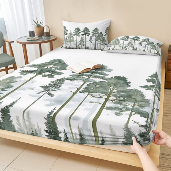 King Size Fitted Sheet Set - Green Botanical 3 Piece Bedding Sets 16" Deep Pocket Fitted Sheet with 2 Pillowcases, Watercolor Tree Brushed Microfiber Hotel Luxury Bed Sheets
