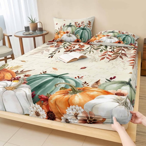 King Size Fitted Sheet Set - Green Orange Pumpkins Fall 3 Piece Bedding Sets 16" Deep Pocket Fitted Sheet with 2 Pillowcases, Thanksgiving Floral Botanical Brushed Microfiber Hotel Luxury Bed Sheets