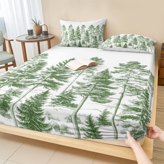 King Size Fitted Sheet Set - Green Pine Tree 3 Piece Bedding Sets 16" Deep Pocket Fitted Sheet with 2 Pillowcases, Vintage Watercolor Botanical Brushed Microfiber Hotel Luxury Bed Sheets
