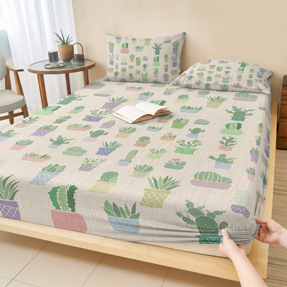 King Size Fitted Sheet Set - Green Succulents Cactus 3 Piece Bedding Sets 16" Deep Pocket Fitted Sheet with 2 Pillowcases, Plant Burlap Texture Brushed Microfiber Hotel Luxury Bed Sheets