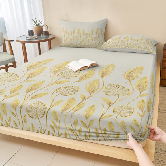 King Size Fitted Sheet Set - Grey Botanical 3 Piece Bedding Sets 16" Deep Pocket Fitted Sheet with 2 Pillowcases, Luxurious Spring Floral Golden Stems Brushed Microfiber Hotel Luxury Bed Sheets