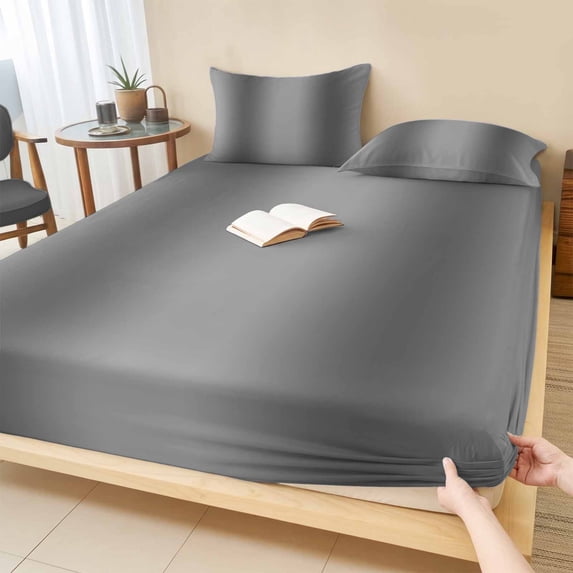 King Size Fitted Sheet Set - Grey Ombre 3 Piece Bedding Sets 16" Deep Pocket Fitted Sheet with 2 Pillowcases, Farmhouse Gray Gradient Modern Art Brushed Microfiber Hotel Luxury Bed Sheets