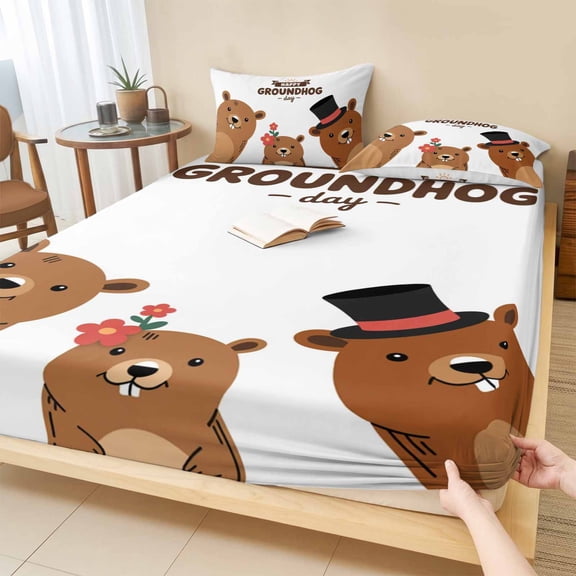 King Size Fitted Sheet Set - Groundhog Day 3 Piece Bedding Sets 16" Deep Pocket Fitted Sheet with 2 Pillowcases, Cartoon Funny Modern Farmhouse Country Cute Brushed Microfiber Hotel Luxury Bed Sheets