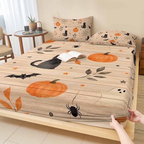 King Size Fitted Sheet Set - Halloween 3 Piece Bedding Sets 16" Deep Pocket Fitted Sheet with 2 Pillowcases, Funny Ghost Black CAt Pumpkins Spi-der Wood Brushed Microfiber Hotel Luxury Bed Sheets