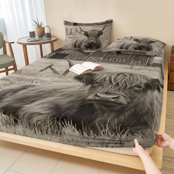 King Size Fitted Sheet Set - Highland Cow 3 Piece Bedding Sets 16" Deep Pocket Fitted Sheet with 2 Pillowcases, Farmhouse Vintage Barn Western Windmill Brushed Microfiber Hotel Luxury Bed Sheets