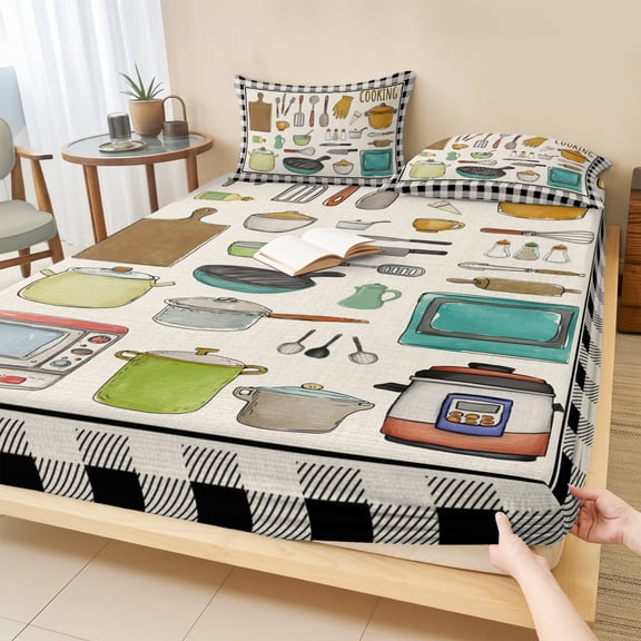 King Size Fitted Sheet Set - Kitchenware 3 Piece Bedding Sets 16" Deep Pocket Fitted Sheet with 2 Pillowcases, Vintage Kitchen Cooking Tool White Black Checkered Brushed Microfiber Hotel Bed Sheets
