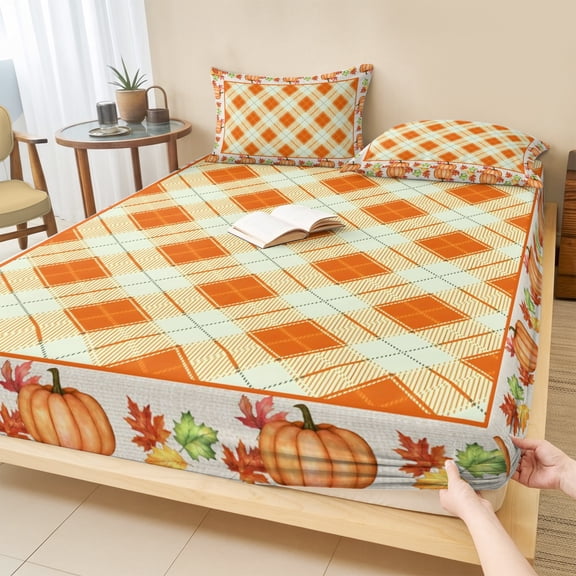 King Size Fitted Sheet Set - Lattice Pumpkins Fall 3 Piece Bedding Sets 16" Deep Pocket Fitted Sheet with 2 Pillowcases, Thanksgiving Botanical Farmhouse Brushed Microfiber Hotel Luxury Bed Sheets