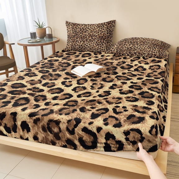 King Size Fitted Sheet Set - Leopard Printed 3 Piece Bedding Sets 16" Deep Pocket Fitted Sheet with 2 Pillowcases, Modern Animals Textured Brown Brushed Microfiber Hotel Luxury Bed Sheets