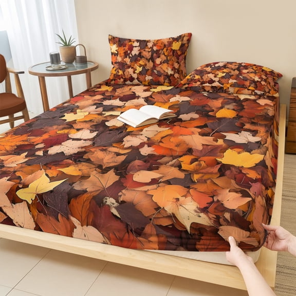 King Size Fitted Sheet Set - Maple Leaf Autumn 3 Piece Bedding Sets 16" Deep Pocket Fitted Sheet with 2 Pillowcases, Farmhouse Fall Botanical Leaves Brushed Microfiber Hotel Luxury Bed Sheets