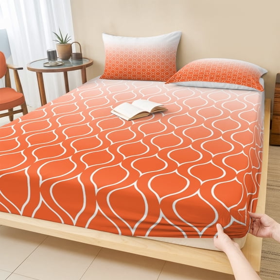 King Size Fitted Sheet Set - Morocco Orange 3 Piece Bedding Sets 16" Deep Pocket Fitted Sheet with 2 Pillowcases, Modern Geometric Gradient Simple Brushed Microfiber Hotel Luxury Bed Sheets