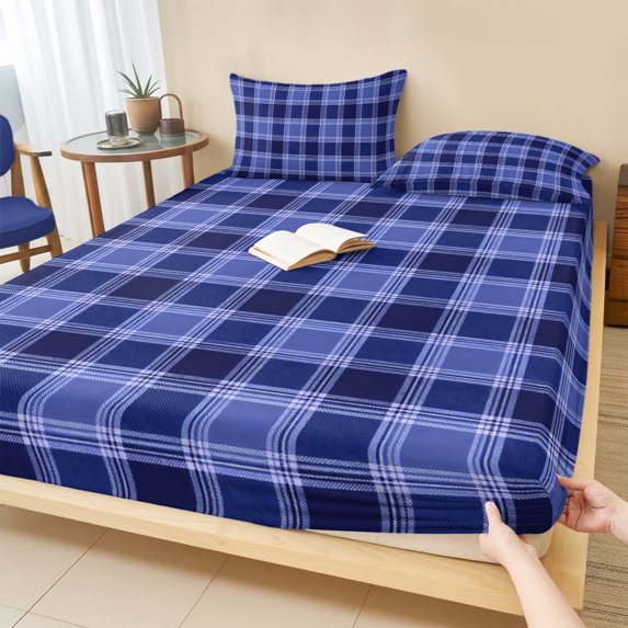 King Size Fitted Sheet Set - Navy Blue Checkered 3 Piece Bedding Sets 16" Deep Pocket Fitted Sheet with 2 Pillowcases, Modern Farmhouse Blue Plaid Brushed Microfiber Hotel Luxury Bed Sheets