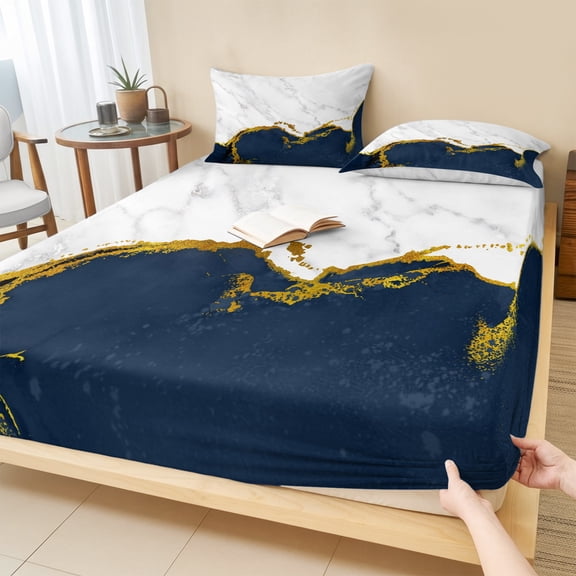 King Size Fitted Sheet Set - Navy Blue Gold Marble 3 Piece Bedding Sets 16" Deep Pocket Fitted Sheet with 2 Pillowcases, Modern Abstract Marble Crack Texture Brushed Microfiber Hotel Bed Sheets