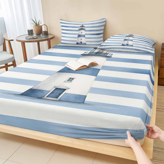 King Size Fitted Sheet Set - Navy Blue Lighthouse 3 Piece Bedding Sets 16" Deep Pocket Fitted Sheet with 2 Pillowcases, Coastal Nautical Summer Striped Brushed Microfiber Hotel Luxury Bed Sheets
