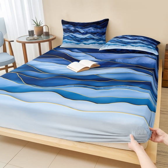 King Size Fitted Sheet Set - Navy Blue Ombre 3 Piece Bedding Sets 16" Deep Pocket Fitted Sheet with 2 Pillowcases, Modern Moire Abstract Art Luxury Brushed Microfiber Hotel Luxury Bed Sheets