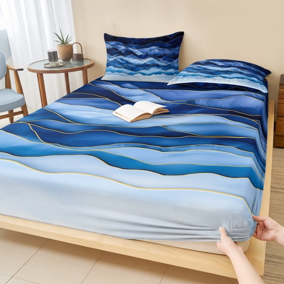 King Size Fitted Sheet Set - Navy Blue Ombre 3 Piece Bedding Sets 16" Deep Pocket Fitted Sheet with 2 Pillowcases, Modern Moire Abstract Art Luxury Brushed Microfiber Hotel Luxury Bed Sheets