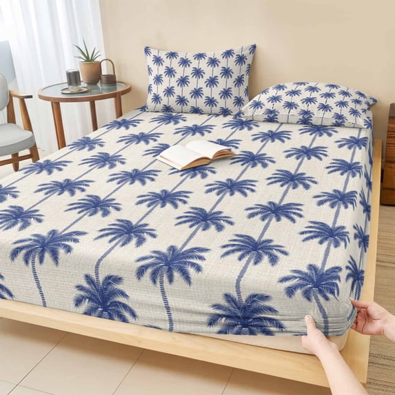 King Size Fitted Sheet Set - Navy Blue Palm Trees 3 Piece Bedding Sets 16" Deep Pocket Fitted Sheet with 2 Pillowcases, Tropical Summer Seaside Rustic Brushed Microfiber Hotel Luxury Bed Sheets