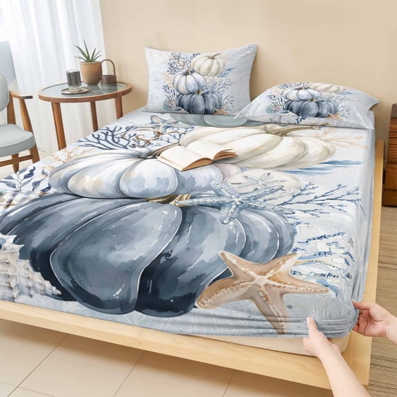 King Size Fitted Sheet Set - Navy Blue Pumpkins Fall 3 Piece Bedding Sets 16" Deep Pocket Fitted Sheet with 2 Pillowcases, Thanksgiving Coastal Nautical Pumpkin Brushed Microfiber Hotel Bed Sheets
