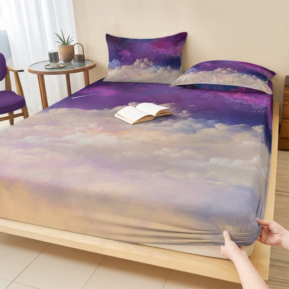 King Size Fitted Sheet Set - Night Sky Stars 3 Piece Bedding Sets 16" Deep Pocket Fitted Sheet with 2 Pillowcases, Shooting Star Cloud Galaxy Brushed Microfiber Hotel Luxury Bed Sheets