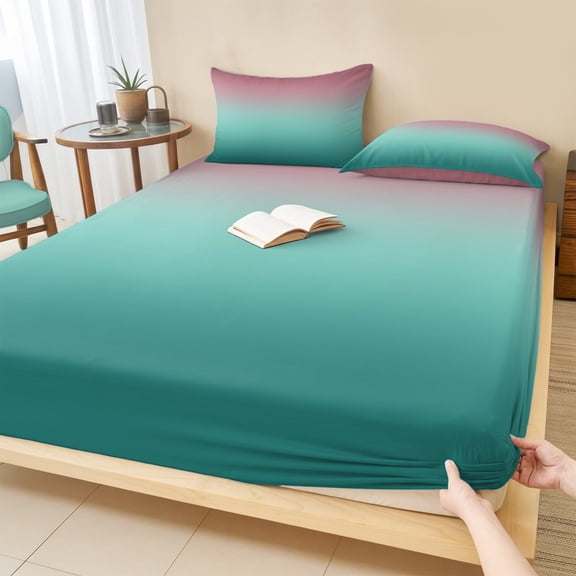 King Size Fitted Sheet Set - Ombre Green Pink 3 Piece Bedding Sets 16" Deep Pocket Fitted Sheet with 2 Pillowcases, Colorful Painting Brushed Microfiber Hotel Luxury Bed Sheets