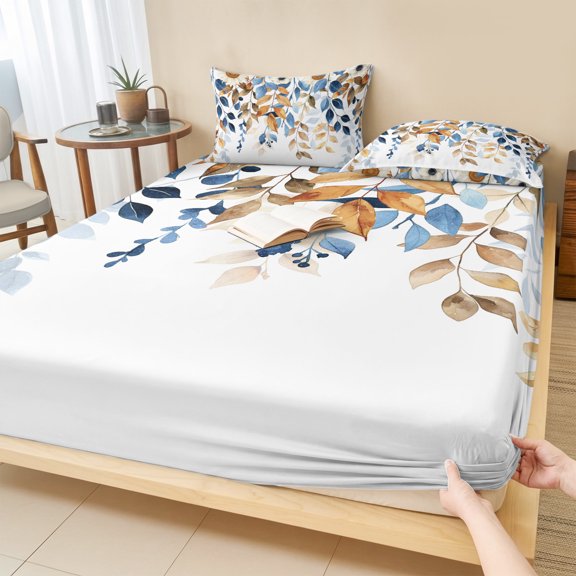 King Size Fitted Sheet Set - Orange Blue Botanical 3 Piece Bedding Sets 16" Deep Pocket Fitted Sheet with 2 Pillowcases, Weeping Fall Eucalyptus Leaves Brushed Microfiber Hotel Luxury Bed Sheets