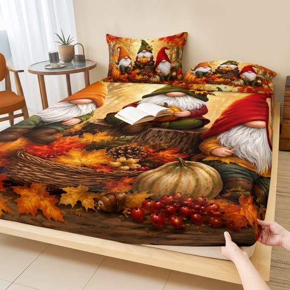 King Size Fitted Sheet Set - Orange Gnomes Fall 3 Piece Bedding Sets 16" Deep Pocket Fitted Sheet with 2 Pillowcases, Thanksgiving Pumpkins Forest Brushed Microfiber Hotel Luxury Bed Sheets